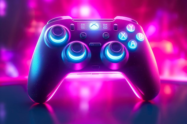 Controller per videogiochi con strisce di luce al neon luminose Sfondo del giocatore di computer Rendering di ottano 3D Idee concettuali di gioco AI generativo