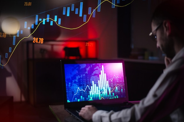 Controllo del grafico dei prezzi sullo scambio digitale Agente lavoratore dell'agenzia di trading Forex che esamina la crescita dei profitti