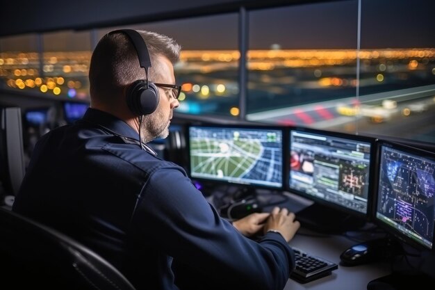 Controllore aereo con cuffie che parla nella torre dell'aeroporto