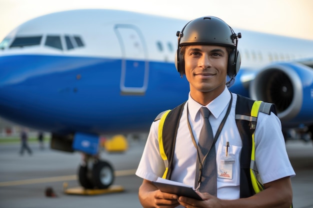 Controllore del traffico aereo con appunti sotto l'aereo all'aeroporto