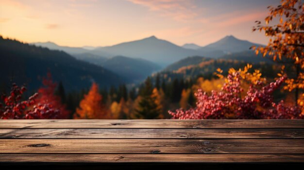 Controsoffitto in legno su uno sfondo sfocato di un paesaggio colorato autunnale generato da AI