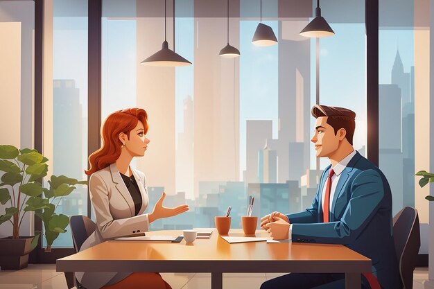 Conversazione d'affari Uomo e donna al tavolo Pittura concettuale vettoriale in stile cartone animato Personaggio femminile Conversazione con uomo d'affare Illustrazione