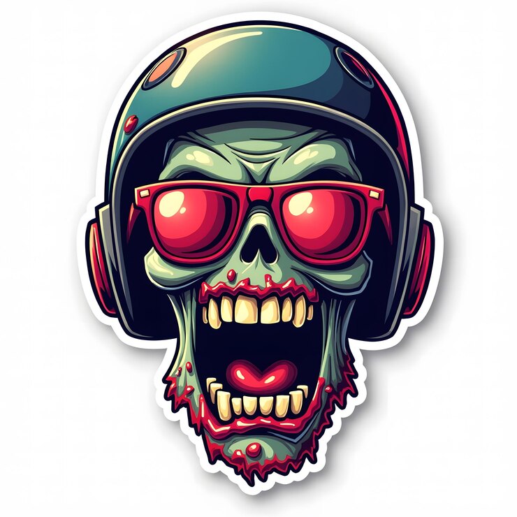 Cool Angry Zombie with Sunglasses and Helmet in Retro Flashy Colors Sticker Vector