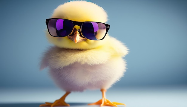 Cool baby pulcino con occhiali da sole su uno sfondo colorato Gradiente di sfondo IA generativa