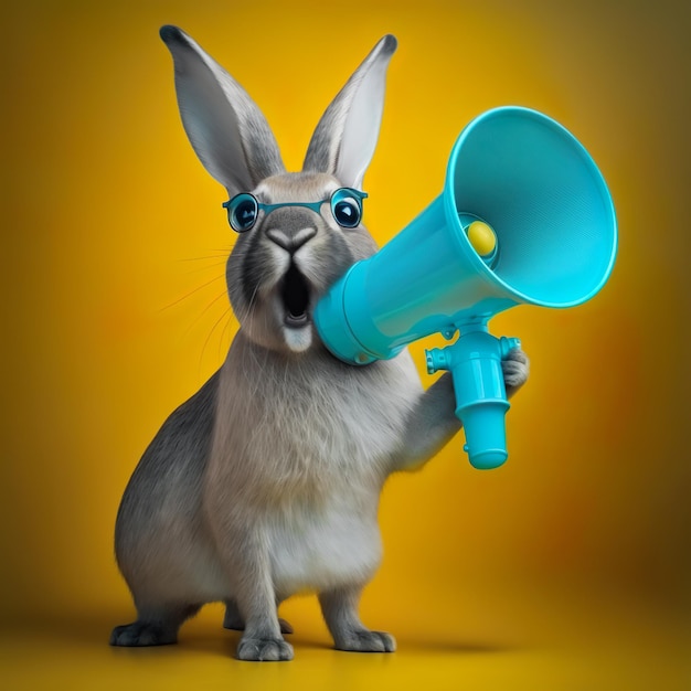 Cool Bunny che tiene e urla nell'altoparlante su sfondo giallo Gestione aziendale Pubblicità di successo Attenzione