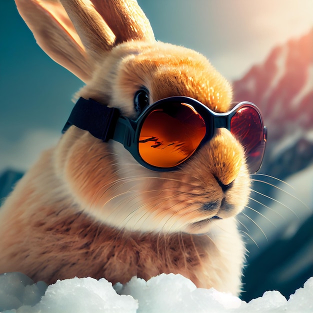 Cool Bunny in occhiali da sci cavalca uno snowboard Illustrazione Generative AI