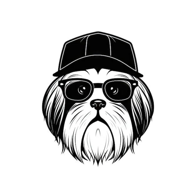 Cool cane occhiali isolato divertente Shih Tzu Smart moda cani ritratto nero Silhouette icona Hipster cani Tshirt stampa AI illustrazione generativa
