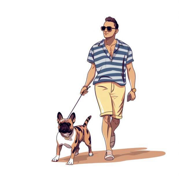 Cool Cartoon Style Man Walking Dog con gli occhiali su sfondo bianco