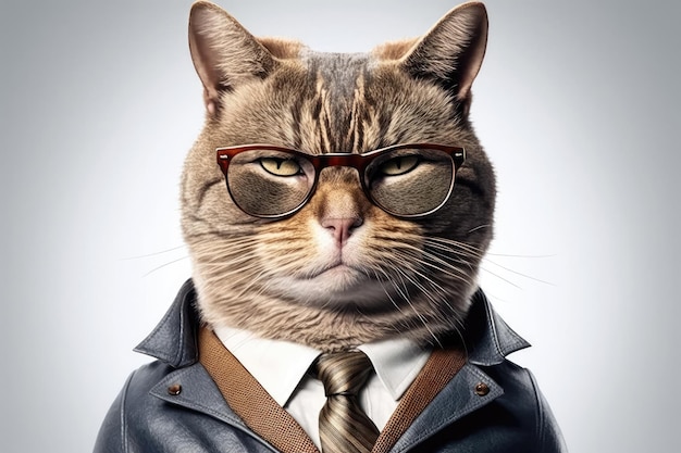 Cool Cat in abbigliamento da lavoro con occhiali alla moda su sfondo bianco