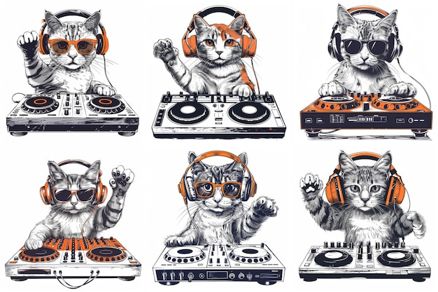 Cool Cat Party DJ Gatti che si bloccano con le cuffie e gli occhiali da sole