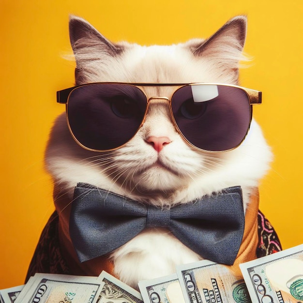 Cool hipster ricco di successo gatto di Natale con occhiali da sole divertenti e soldi in contanti sfondo giallo