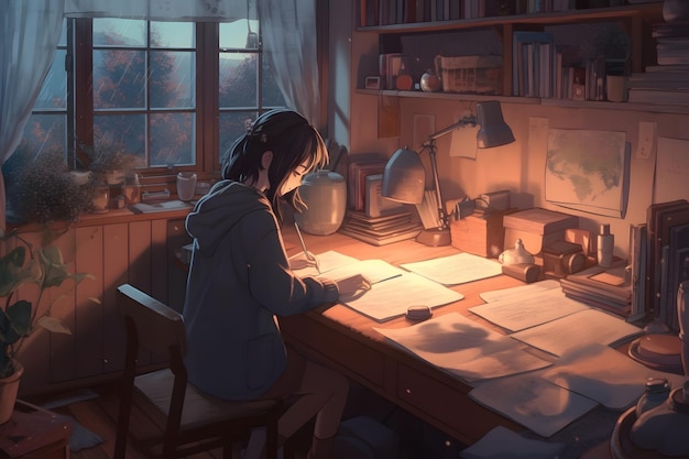 Cool Lofi Girl che studia alla sua scrivania Piovoso o nuvoloso fuori bella fredda carta da parati atmosferica 4K streaming sfondo lofi stile hiphop Stile manga anime Generativo ai