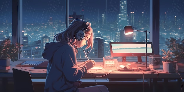 Cool Lofi Girl che studia alla sua scrivania Piovoso o nuvoloso fuori bella fredda carta da parati atmosferica 4K streaming sfondo lofi stile hiphop Stile manga anime Generativo ai