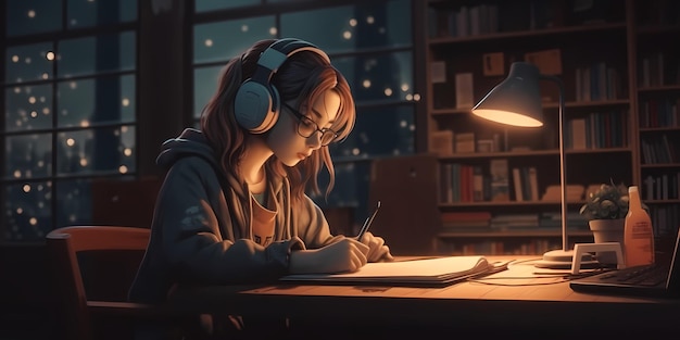 Cool Lofi Girl che studia alla sua scrivania Piovoso o nuvoloso fuori bella fredda carta da parati atmosferica 4K streaming sfondo lofi stile hiphop Stile manga anime Generativo ai