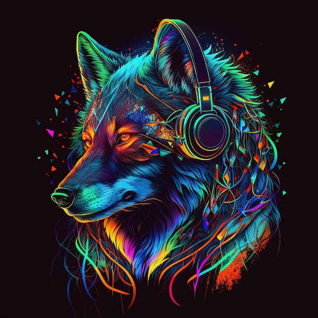 Cool neon party wolf nelle cuffie su sfondo nero IA generativa