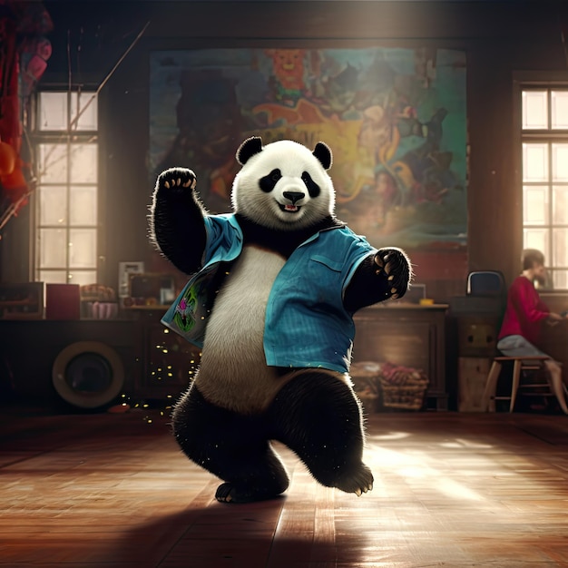 Cool panda in stile cartone animato allegro che balla nella stanza