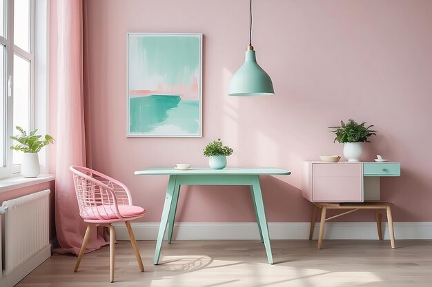 Coperta e cuscino rosa pastello su una sedia a dondolo bianca in una stanza sofisticata con comodino e soffitta