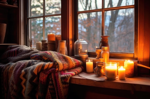 Coperte di lana e candele su un davanzale di una cabina creata con ai generativi