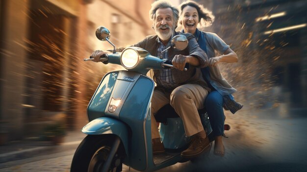 Copertina completa di una coppia di anziani su uno scooter elettrico