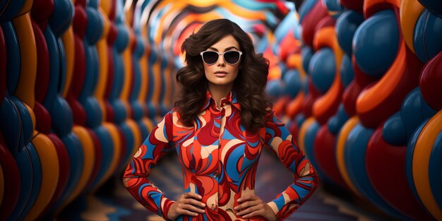 copertina di moda modella bruna in abiti colorati in occhiali da sole alla moda su uno sfondo astratto colorato