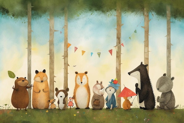 Copertina di un libro per bambini con un gruppo di animali e un orso.