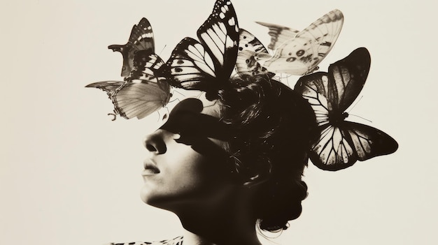 Copertina di una rivista alla moda con una donna con farfalle sulla testa e sulla faccia in bianco e nero AI generativa