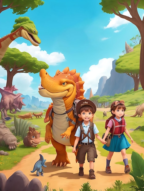 Copertina immagine 4K KDP per bambini Pagina di copertina dei cartoni animati di dinosauri generata dall'intelligenza artificiale