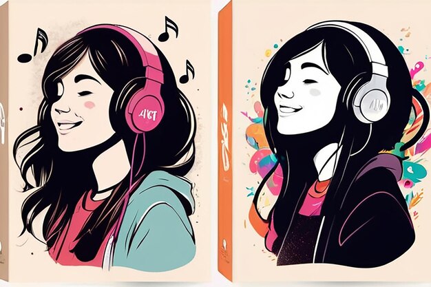 Copertina musicale Una ragazza felice ascolta musica Set di illustrazioni vettoriali Disegno tipografico