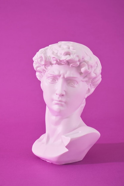 Copia della testa di un'antica statua del David in luce al neon rosa su uno sfondo viola colori di tendenza
