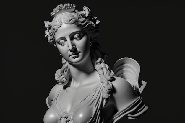 Copia in gesso dell'antica statua bianca del busto di Venere con sfondo nero vista frontale generativa ai