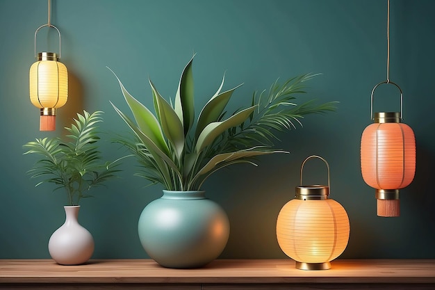Copia lo sfondo spaziale con piante in un vaso e lanterne di Capodanno IA generativa Illustrazione in stile fotorealistico