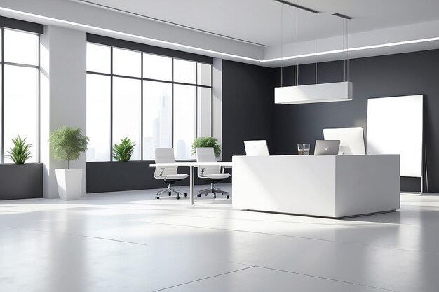 Copia lo spazio per la visualizzazione del tuo prodotto su un tavolo bianco su uno sfondo sfocato di una moderna hall bianca dell'ufficio con un bancone