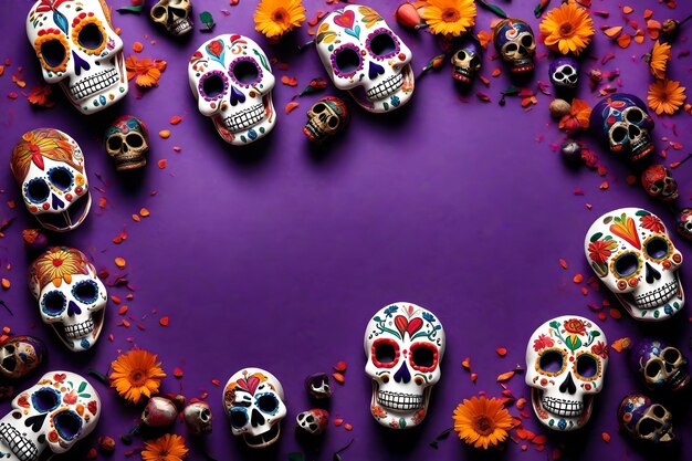 Copia spazio per il testo Giorno dei morti dia de muertos su sfondo viola