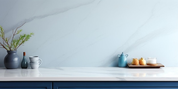Copia spazio sul piano del tavolo in marmo bianco nella moderna cucina minimalista, tavolo vuoto AI generativa