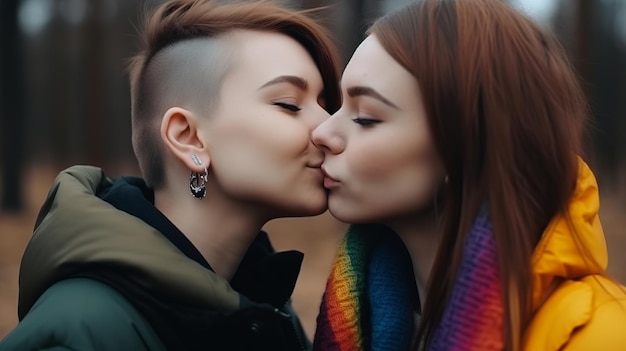 Cople lesbica che bacia lo sfondo della bandiera LGBT Ai generativo