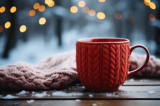 Coppa a maglia rossa di tè al caffè caldo sullo sfondo di un paesaggio innevato