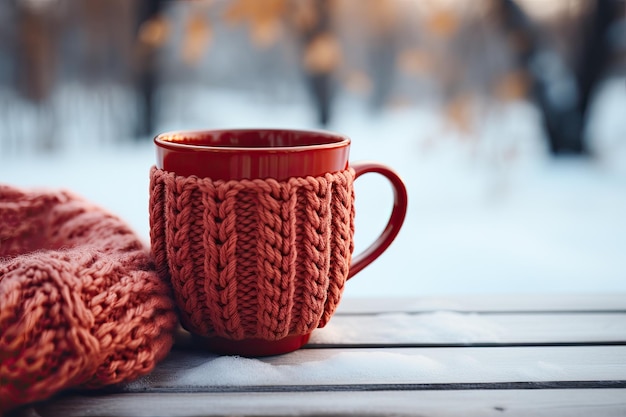 Coppa a maglia rossa di tè al caffè caldo sullo sfondo di un paesaggio innevato