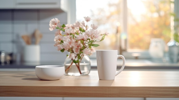 Coppa bianca e vaso con petali su una scrivania di legno