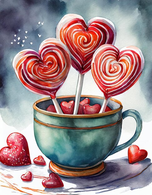 Coppa con caramelle e cuori Illustrazione ad acquerello