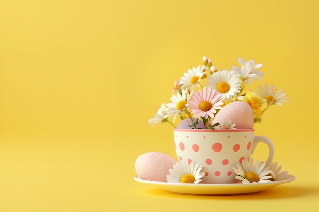 Coppa con fiori e uova di Pasqua su uno sfondo giallo