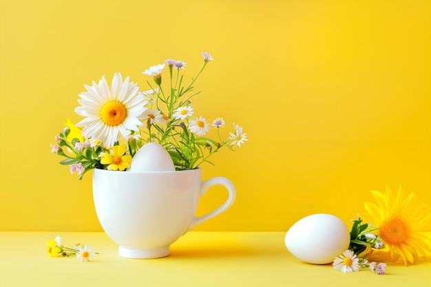 Coppa con fiori e uova di Pasqua su uno sfondo giallo