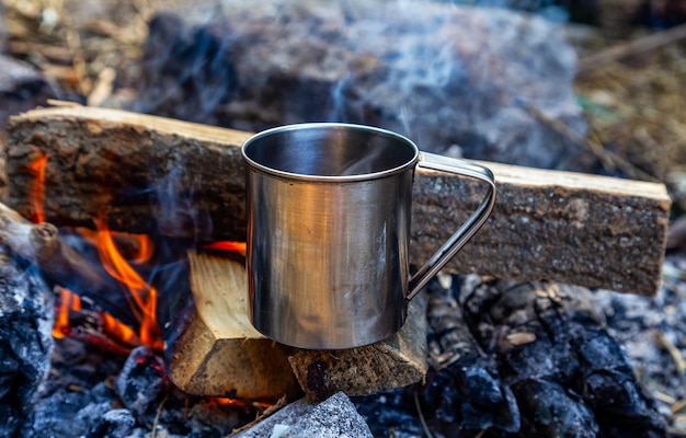 Coppa d'acciaio su un fuoco aperto in natura Cucinare sul fuoco Campeggio in estate