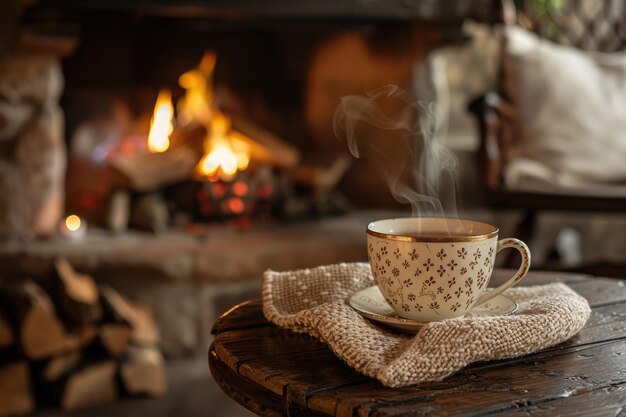 Coppa da caffè decorativa sul tavolo di fronte al camino con fuoco caldo e decorazione in legno