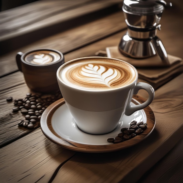 Coppa da caffè vintage con arte del latte su tavolo di legno