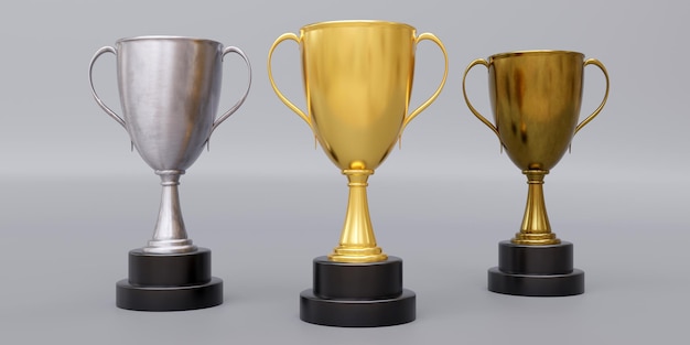 Coppa del trofeo in bronzo d'oro e argento con doppio manico su sfondo grigio ricompensa metallica lucida rendering 3D