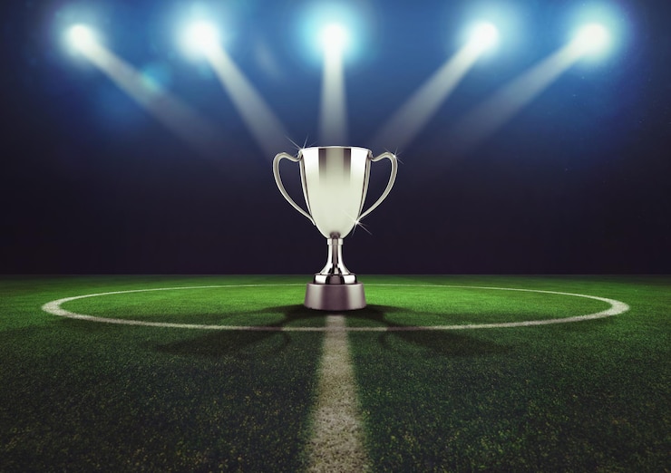 Foto coppa del vincitore d'argento in mezzo a un campo da calcio
