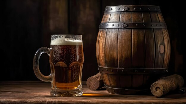 Coppa di birra con orzo di grano e barili sullo sfondo Natura morta Spazio di copia generato da Ai