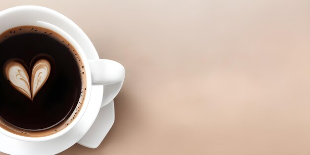 Coppa di caffè a forma di cuore su sfondo beige vista dall'alto