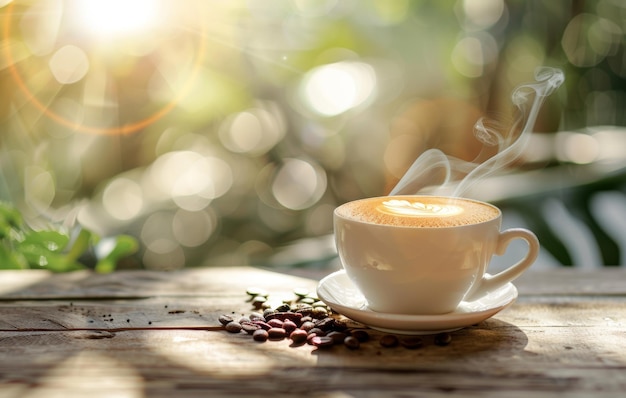 Coppa di caffè al vapore con arte artistica in schiuma di latte su un tavolo di legno rustico con fagioli di caffè sparsi accanto