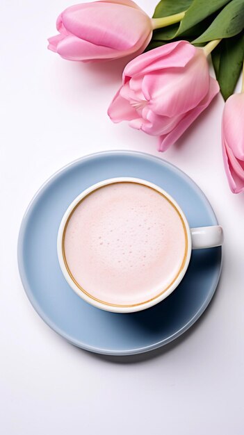 Coppa di caffè blu con tulipano rosa su sfondo bianco